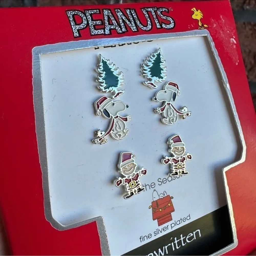 Snoopy Christmas Holiday Peanuts Trio 3 Piece Silver Plate Earrings - Picture 6 of 6